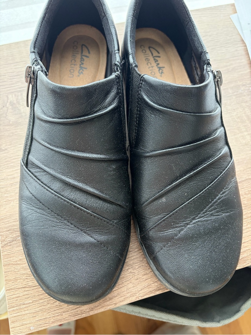 Clarks Black Leather Slip-On Loafers with Side Zipper